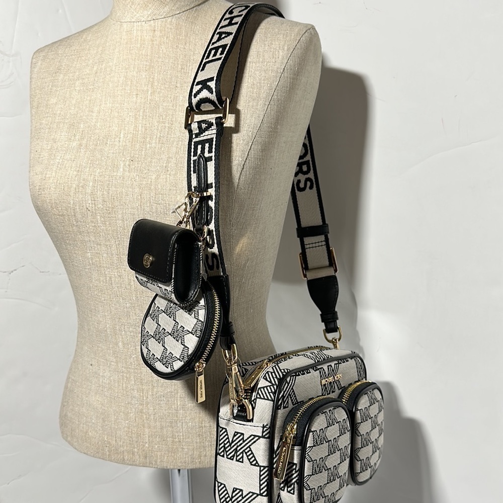 Michael Kors Jacquard Jet Set travel crossbody black tech pocket pouches multi - Picture 9 of 12